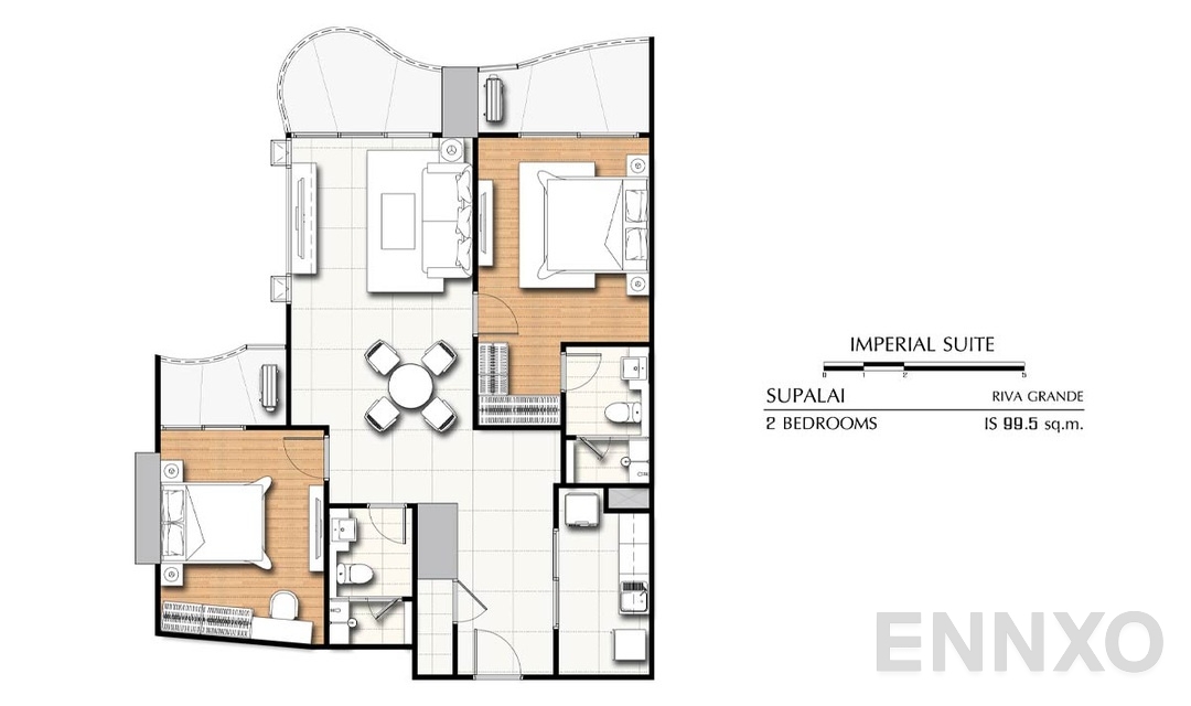 รูปแปลนห้อง 2 Bedrooms IS (99.5 ตร.ม.) ของโครงการ ศุภาลัย ริวา แกรนด์