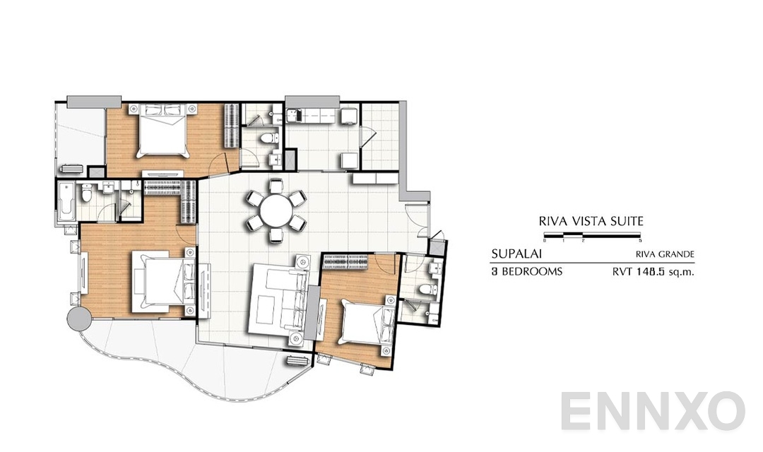 รูปแปลนห้อง 3 Bedrooms RVT (148.5 ตร.ม.) ของโครงการ ศุภาลัย ริวา แกรนด์