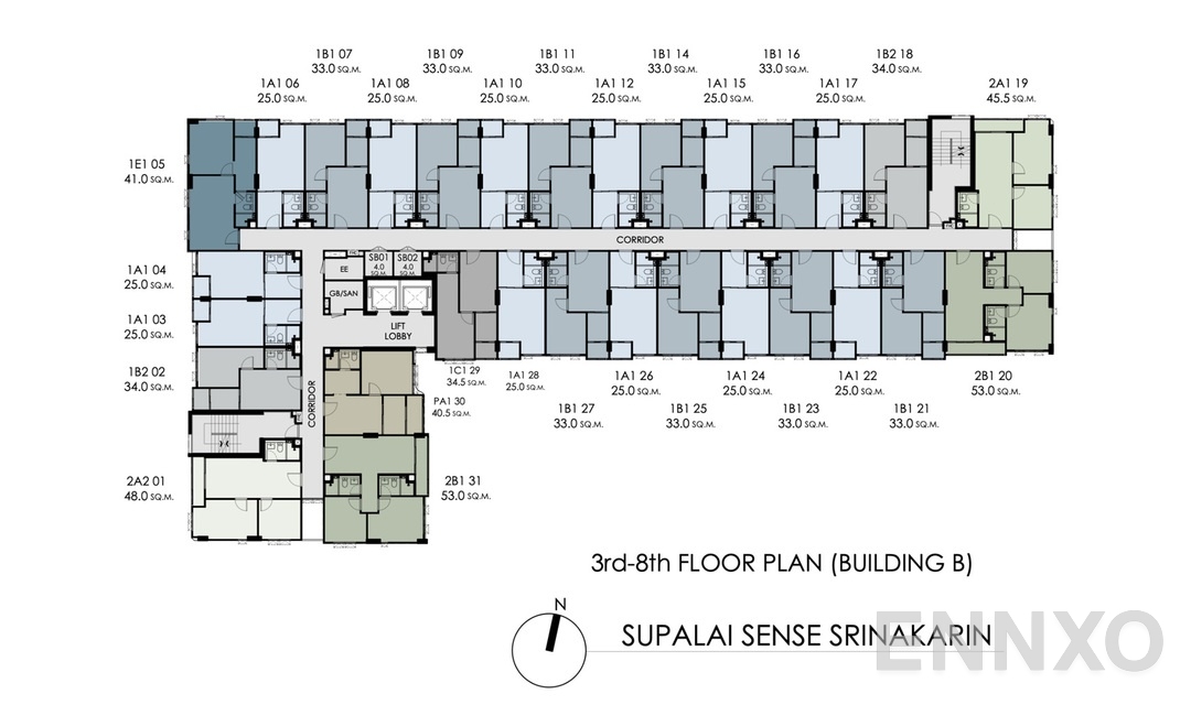 แปลนชั้น 3rd-8th Floor Plan (Building B) ของโครงการ ศุภาลัย เซนส์ ศรีนครินทร์