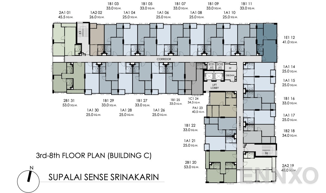 แปลนชั้น 3rd-8th Floor Plan (Building C) ของโครงการ ศุภาลัย เซนส์ ศรีนครินทร์