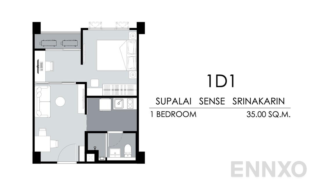 รูปแปลนห้อง Tower A 1D1 (35 ตร.ม.) ของโครงการ ศุภาลัย เซนส์ ศรีนครินทร์