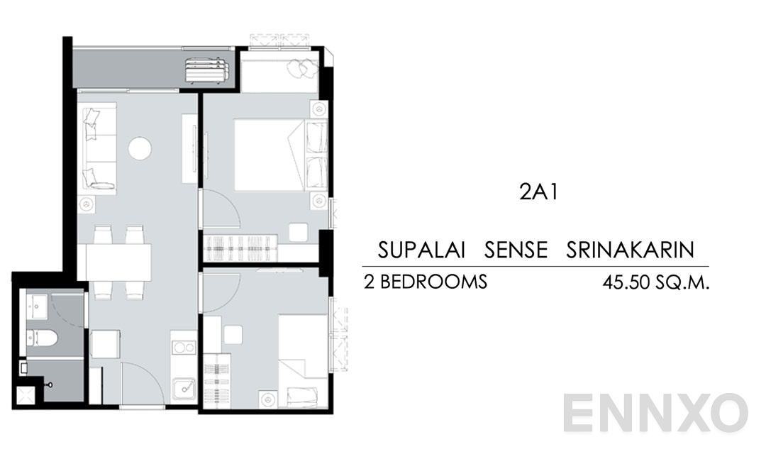 รูปแปลนห้อง Tower B,C 2A1 (45.50 ตร.ม.) ของโครงการ ศุภาลัย เซนส์ ศรีนครินทร์