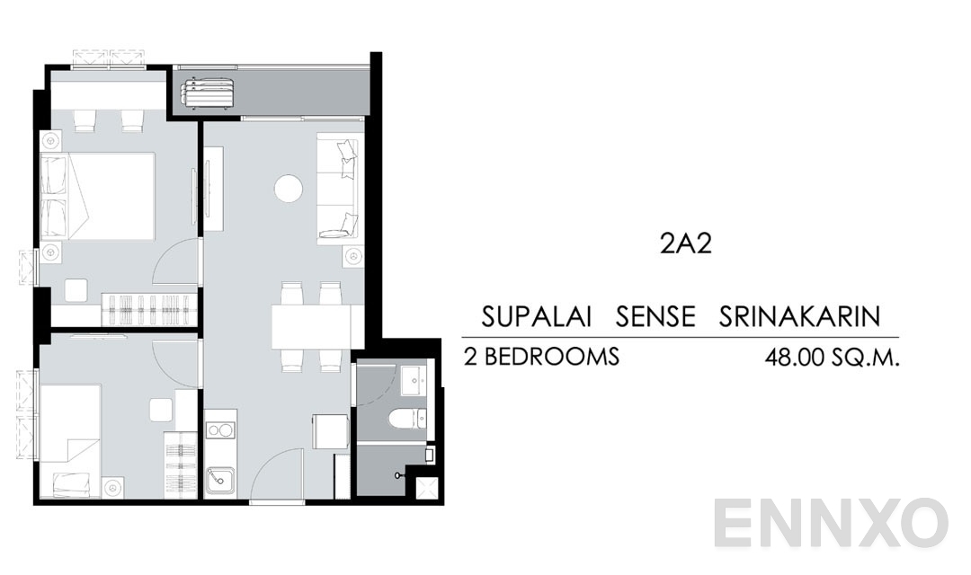 รูปแปลนห้อง Tower B,C 2A2 (48 ตร.ม.) ของโครงการ ศุภาลัย เซนส์ ศรีนครินทร์