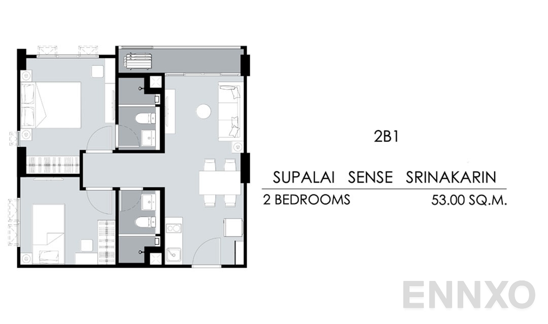 รูปแปลนห้อง Tower B,C 2B1 (53 ตร.ม.) ของโครงการ ศุภาลัย เซนส์ ศรีนครินทร์