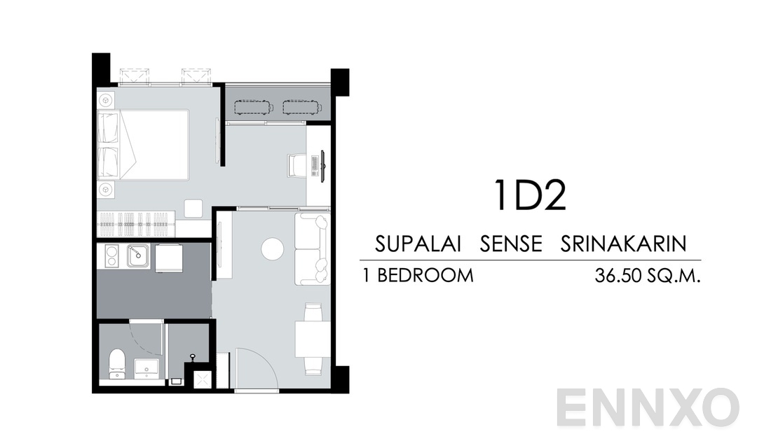 รูปแปลนห้อง Tower A 1D2 (36.50 ตร.ม.) ของโครงการ ศุภาลัย เซนส์ ศรีนครินทร์