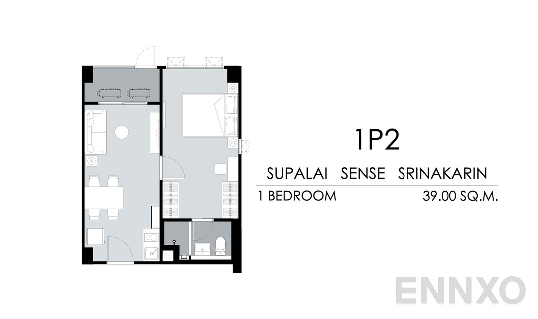รูปแปลนห้อง Tower A 1P2 (39 ตร.ม.) ของโครงการ ศุภาลัย เซนส์ ศรีนครินทร์