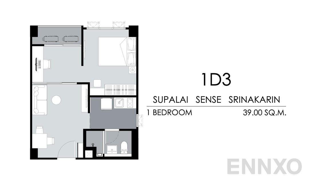 รูปแปลนห้อง Tower A 1D3 (39 ตร.ม.) ของโครงการ ศุภาลัย เซนส์ ศรีนครินทร์