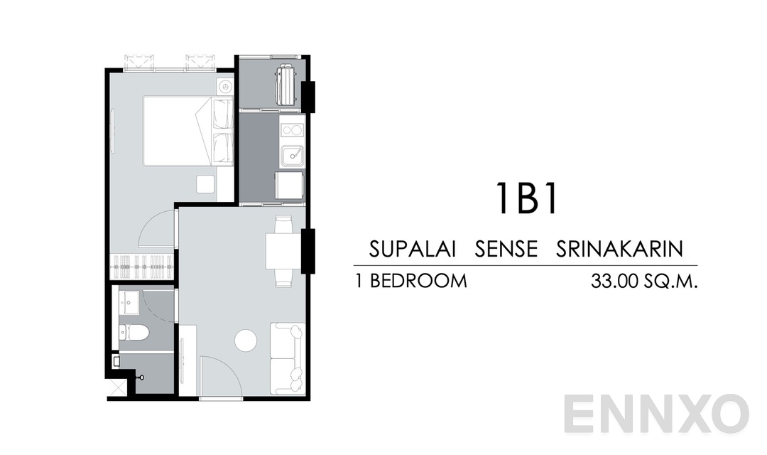 รูปแปลนห้อง Tower B,C 1B1 (33 ตร.ม.) ของโครงการ ศุภาลัย เซนส์ ศรีนครินทร์