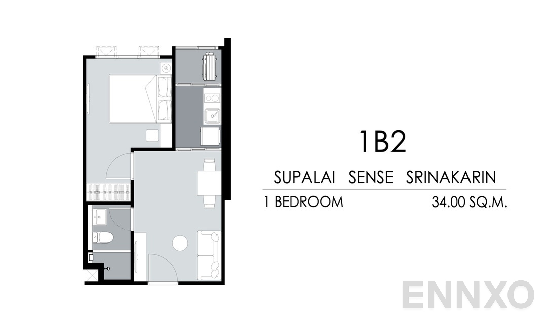 รูปแปลนห้อง Tower B,C 1B2 (34 ตร.ม.) ของโครงการ ศุภาลัย เซนส์ ศรีนครินทร์