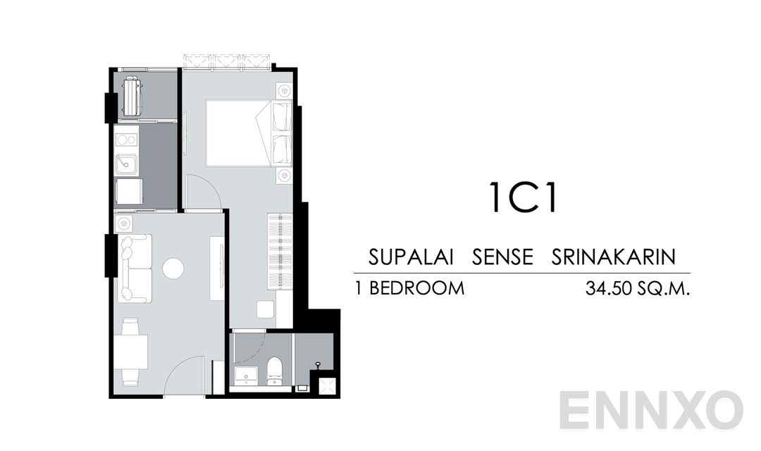 รูปแปลนห้อง Tower B,C 1C1 (34.50 ตร.ม.) ของโครงการ ศุภาลัย เซนส์ ศรีนครินทร์