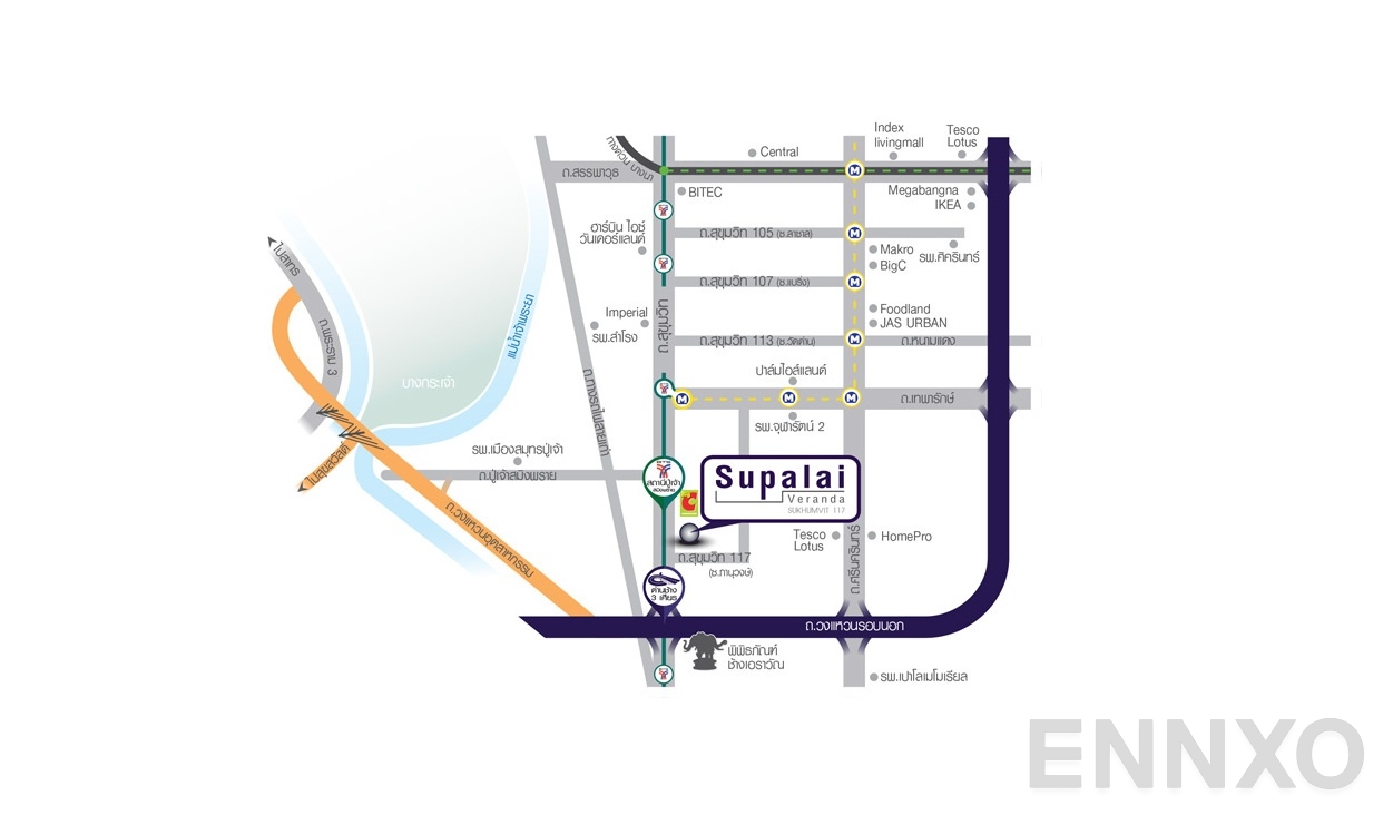 ภาพแผนที่แสดงที่ตั้งโครงการ Supalai Veranda Sukhumvit 117
(ศุภาลัย เวอเรนด้า สุขุมวิท 117) และสถานที่โดยรอบ