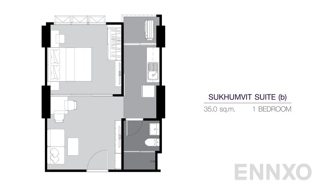 รูปแปลนห้อง 1 Bedroom SS(b) (35 ตร.ม.) ของโครงการ ศุภาลัย เวอเรนด้า สุขุมวิท 117