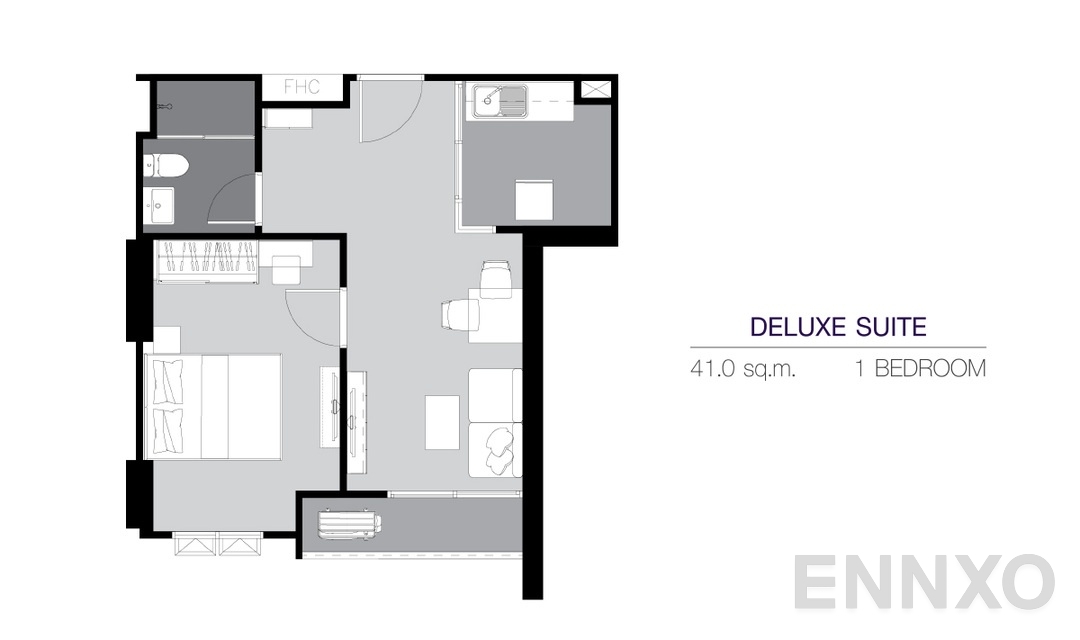 รูปแปลนห้อง 1 Bedroom DS (41 ตร.ม.) ของโครงการ ศุภาลัย เวอเรนด้า สุขุมวิท 117