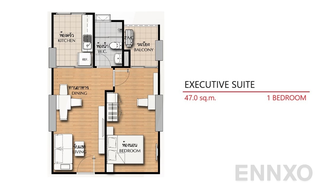 รูปแปลนห้อง 1 Bedroom EX (47 ตร.ม.) ของโครงการ ศุภาลัย วิสต้า ห้าแยกปากเกร็ด