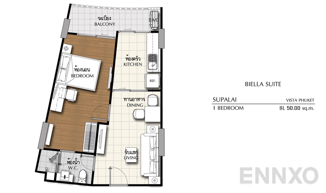 รูปแปลนห้อง 1 Bedroom BL (50 ตร.ม.) ของโครงการ ศุภาลัย วิสต้า ภูเก็ต