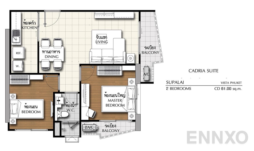รูปแปลนห้อง 2 Bedrooms CD (61 ตร.ม.) ของโครงการ ศุภาลัย วิสต้า ภูเก็ต