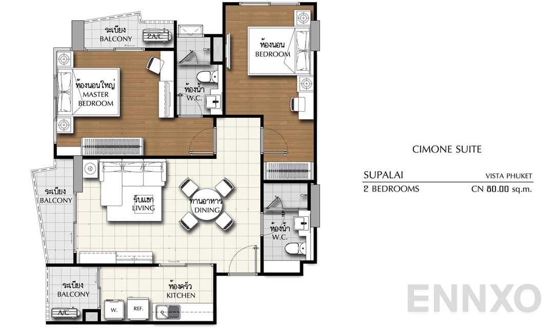 รูปแปลนห้อง 2 Bedrooms CN (80 ตร.ม.) ของโครงการ ศุภาลัย วิสต้า ภูเก็ต