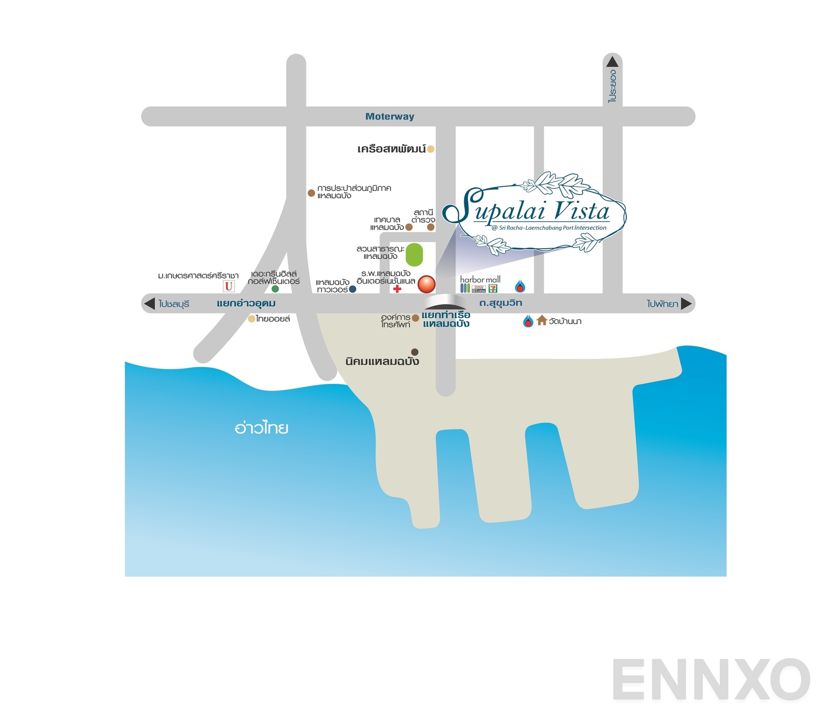 ภาพแผนที่แสดงที่ตั้งโครงการ Supalai Vista Sri Racha - Laemchabang Port Intersection
(ศุภาลัย วิสต้า ศรีราชา - แยกท่าเรือแหลมฉบัง) และสถานที่โดยรอบ