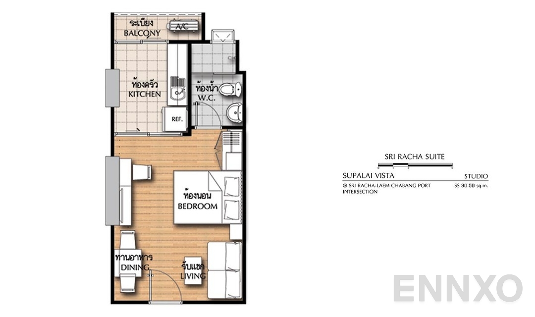 รูปแปลนห้อง Studio SS (30.5 ตร.ม) ของโครงการ ศุภาลัย วิสต้า ศรีราชา - แยกท่าเรือแหลมฉบัง