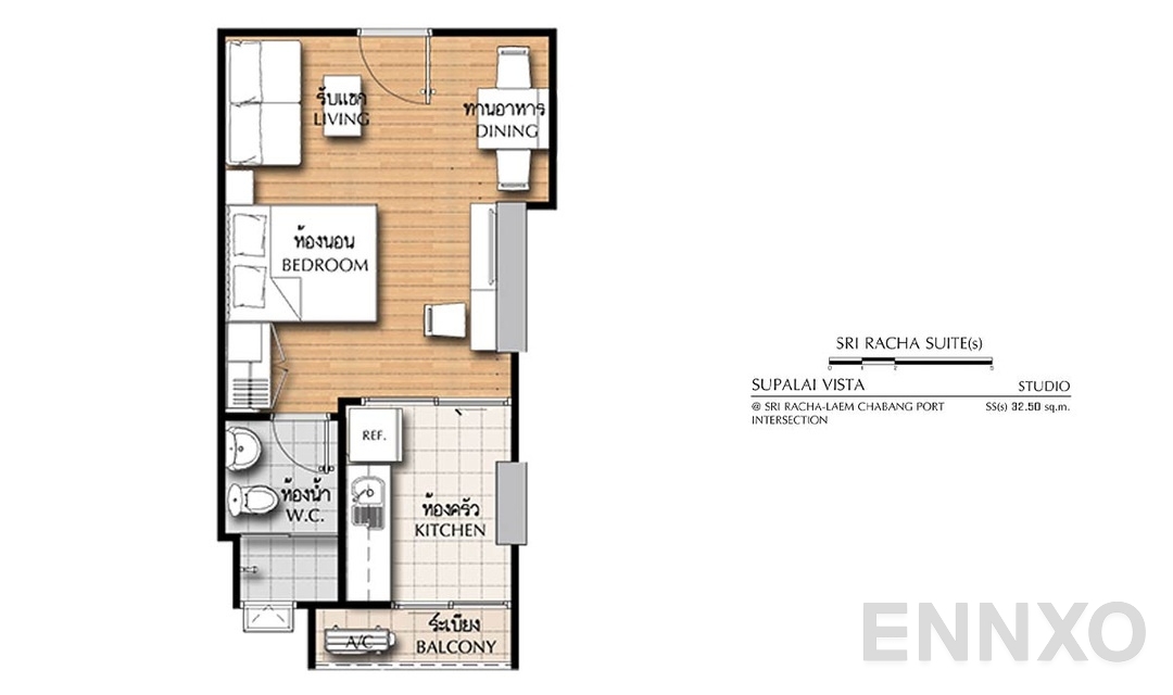 รูปแปลนห้อง Studio SS(s) (32.5 ตร.ม.) ของโครงการ ศุภาลัย วิสต้า ศรีราชา - แยกท่าเรือแหลมฉบัง