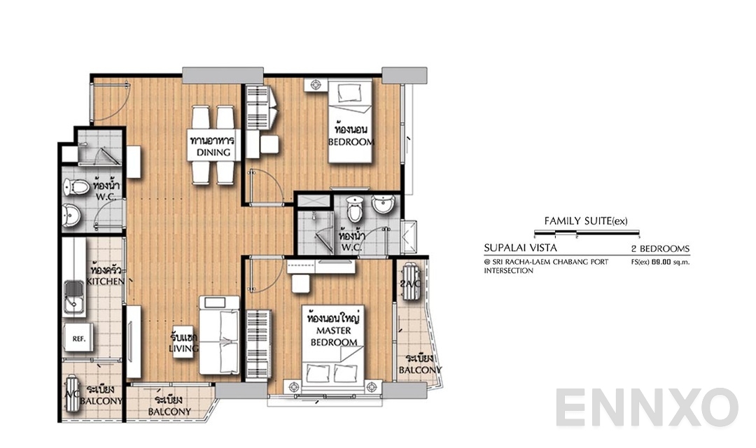รูปแปลนห้อง 2 Bedroom FS(ex) (69 ตร.ม.) ของโครงการ ศุภาลัย วิสต้า ศรีราชา - แยกท่าเรือแหลมฉบัง