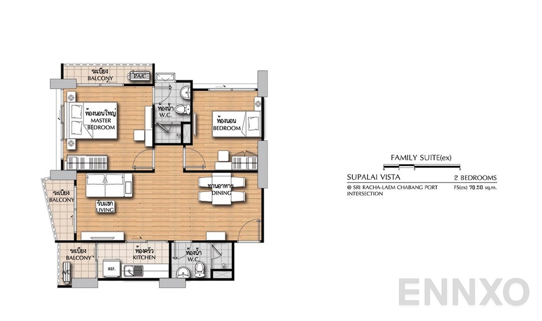 รูปแปลนห้อง 2 Bedroom FS(ex) (70.5 ตร.ม.) ของโครงการ ศุภาลัย วิสต้า ศรีราชา - แยกท่าเรือแหลมฉบัง