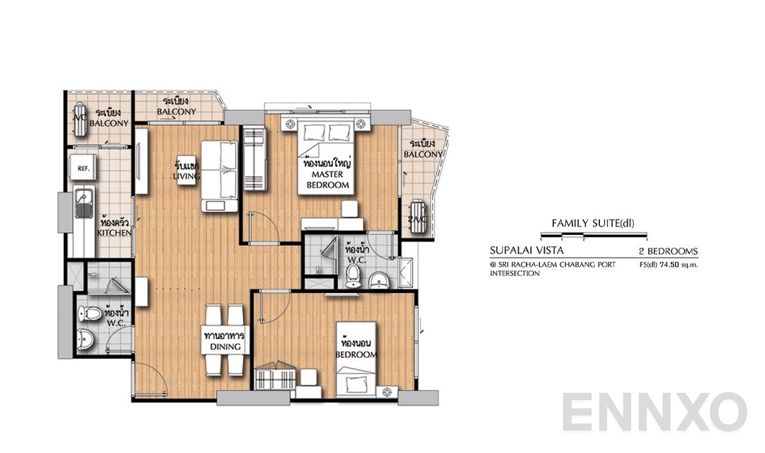 รูปแปลนห้อง 2 Bedroom FS(dl) (74.5 ตร.ม.) ของโครงการ ศุภาลัย วิสต้า ศรีราชา - แยกท่าเรือแหลมฉบัง