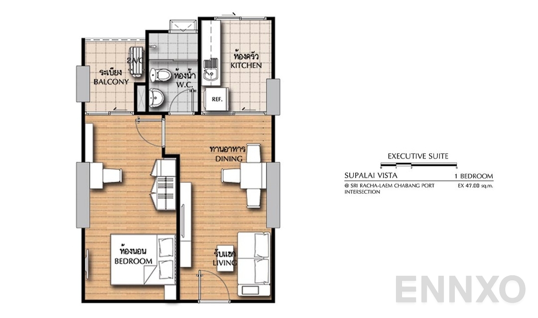 รูปแปลนห้อง 1 Bedroom EX (47 ตร.ม.) ของโครงการ ศุภาลัย วิสต้า ศรีราชา - แยกท่าเรือแหลมฉบัง