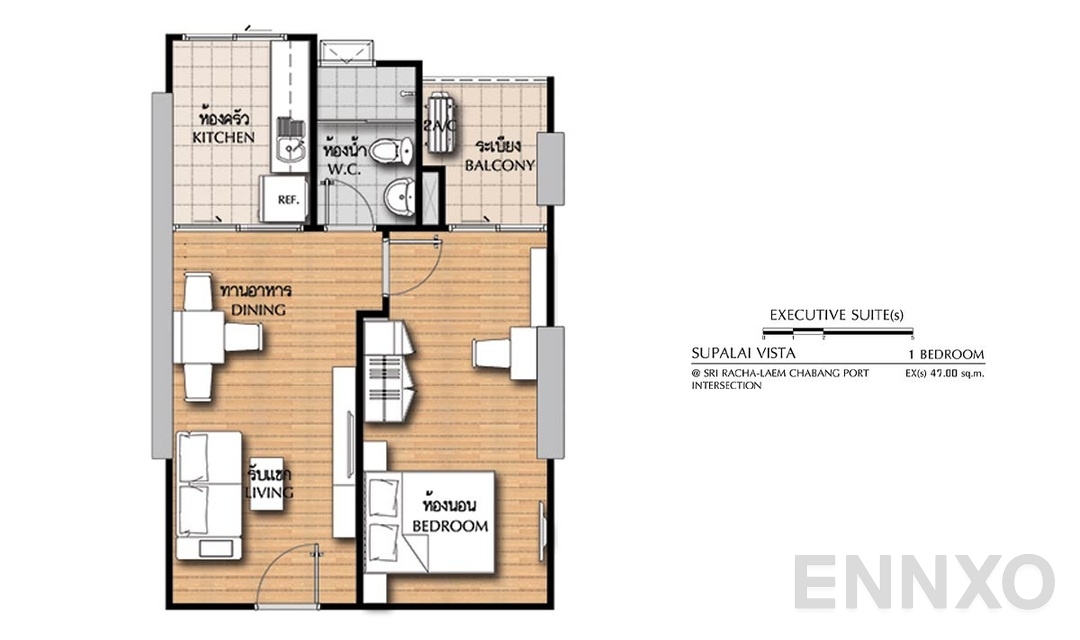 รูปแปลนห้อง 1 Bedroom EX(s) (47 ตร.ม.) ของโครงการ ศุภาลัย วิสต้า ศรีราชา - แยกท่าเรือแหลมฉบัง