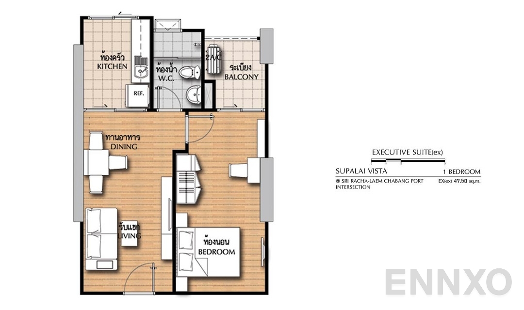 รูปแปลนห้อง 1 Bedroom EX(ex) (47.5 ตร.ม.) ของโครงการ ศุภาลัย วิสต้า ศรีราชา - แยกท่าเรือแหลมฉบัง