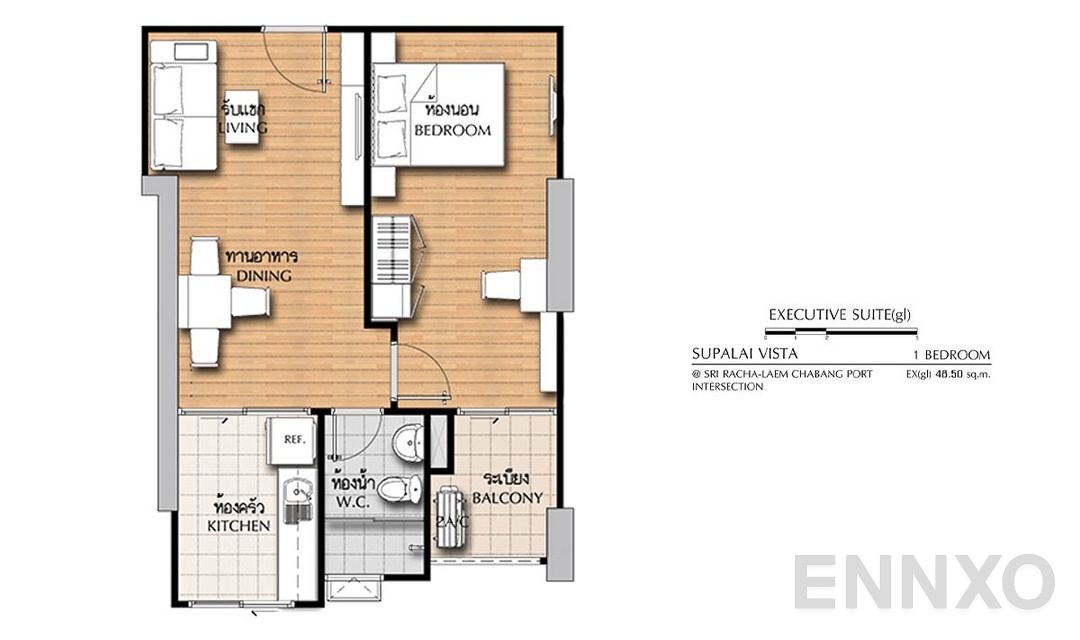รูปแปลนห้อง 1 Bedroom EX(gl) (48.5 ตร.ม.) ของโครงการ ศุภาลัย วิสต้า ศรีราชา - แยกท่าเรือแหลมฉบัง
