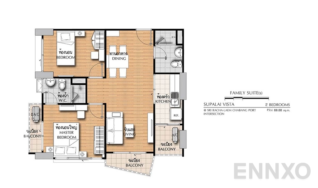 รูปแปลนห้อง 2 Bedroom FS(s) (69 ตร.ม.) ของโครงการ ศุภาลัย วิสต้า ศรีราชา - แยกท่าเรือแหลมฉบัง