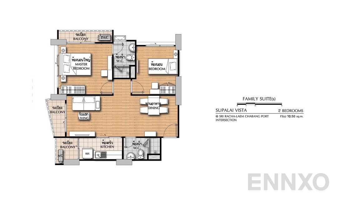 รูปแปลนห้อง 2 Bedroom FS(s) (70.5 ตร.ม.) ของโครงการ ศุภาลัย วิสต้า ศรีราชา - แยกท่าเรือแหลมฉบัง