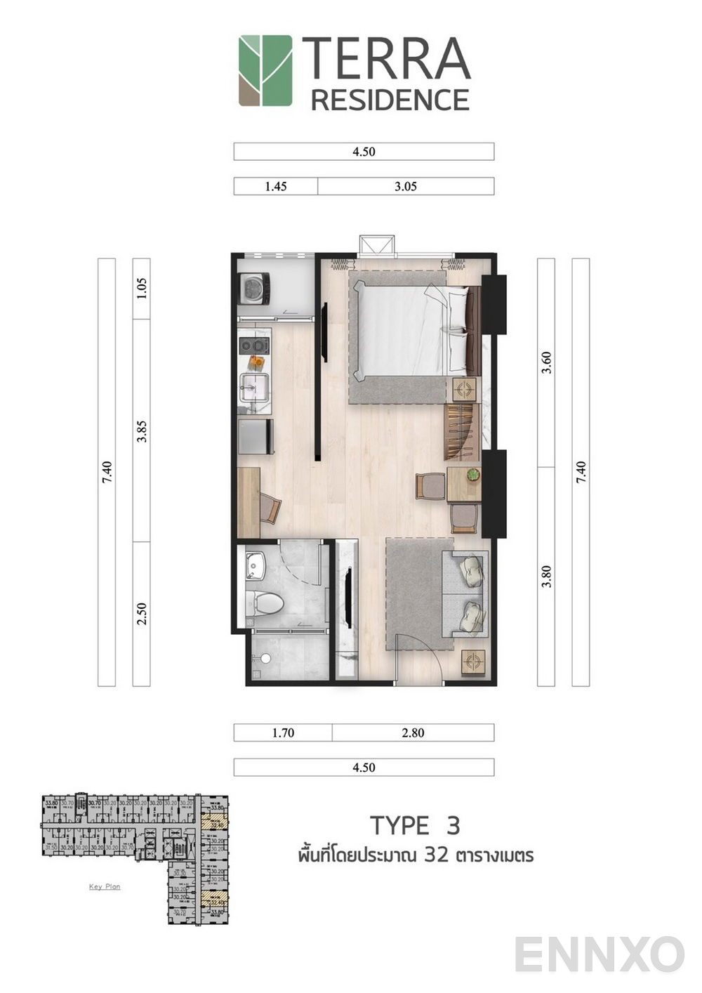 รูปแปลนห้อง 1 Bedroom TYPE 3 ของโครงการ เทอร์ร่า เรสซิเดนซ์