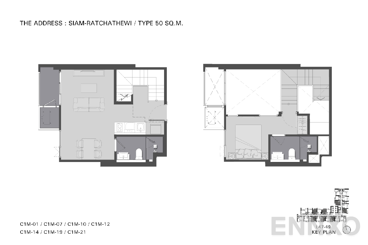 รูปแปลนห้อง TYPE C1M 50 SQ.M. ของโครงการ ดิ แอดเดรส สยาม-ราชเทวี