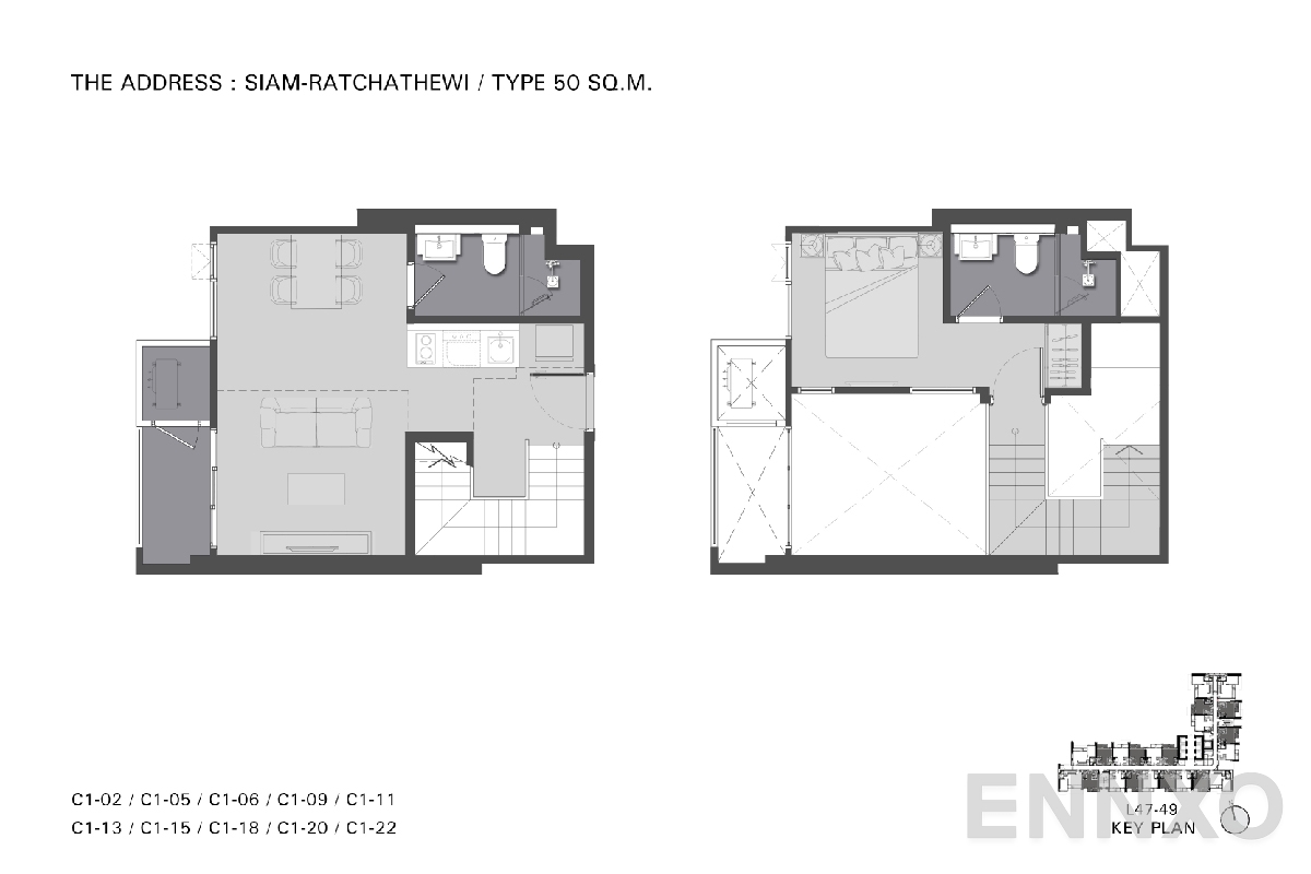 รูปแปลนห้อง TYPE C1 50 SQ.M. ของโครงการ ดิ แอดเดรส สยาม-ราชเทวี