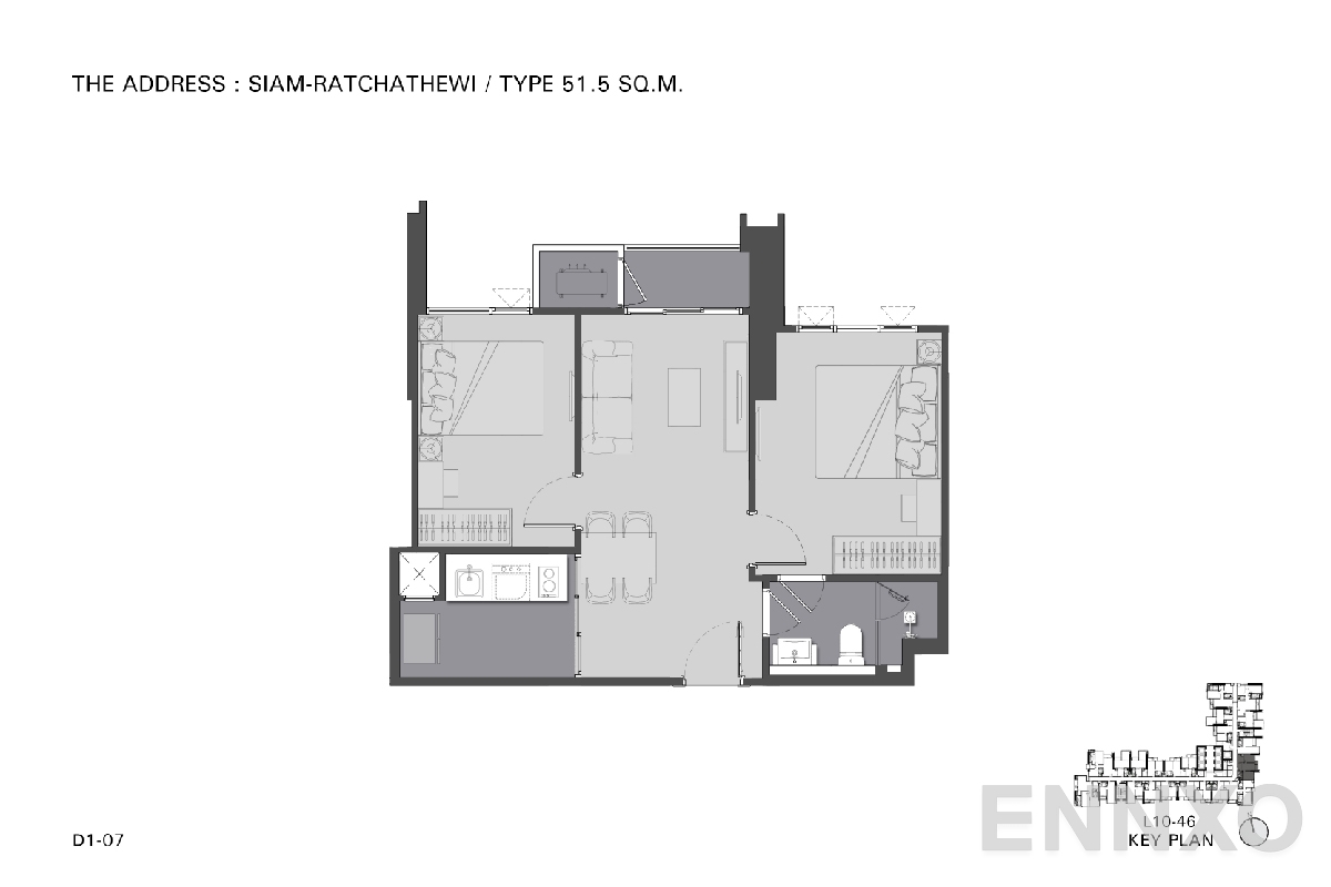 รูปแปลนห้อง TYPE D1 51.5 SQ.M. ของโครงการ ดิ แอดเดรส สยาม-ราชเทวี