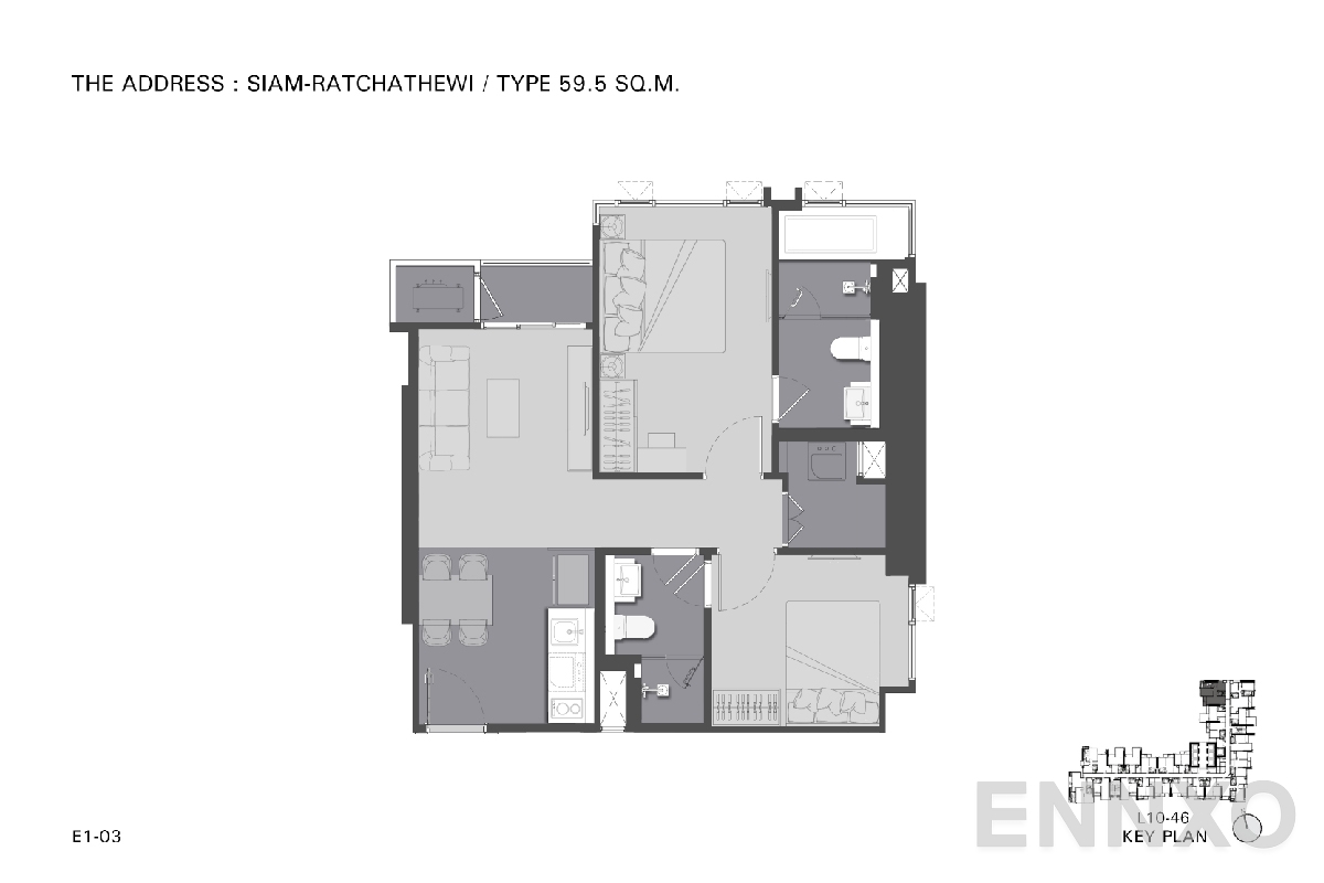 รูปแปลนห้อง TYPE E1 59.5 SQ.M. ของโครงการ ดิ แอดเดรส สยาม-ราชเทวี