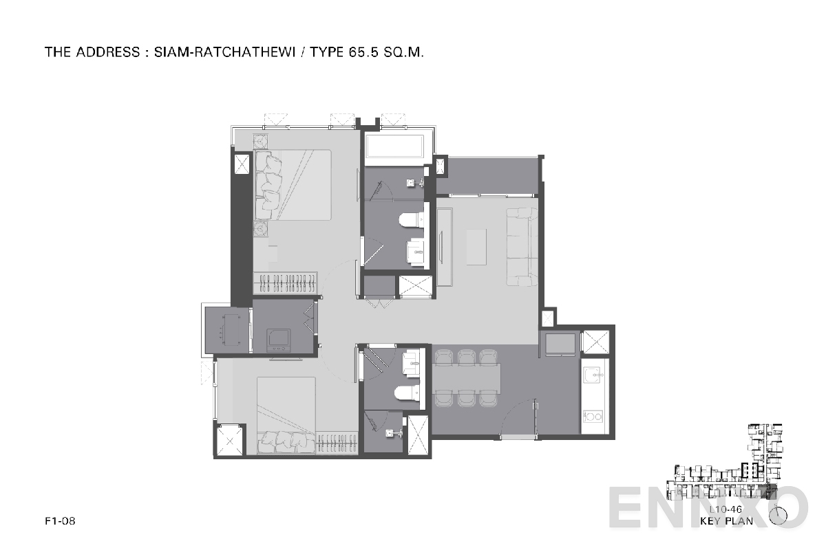 รูปแปลนห้อง TYPE F1 65.5 SQ.M. ของโครงการ ดิ แอดเดรส สยาม-ราชเทวี
