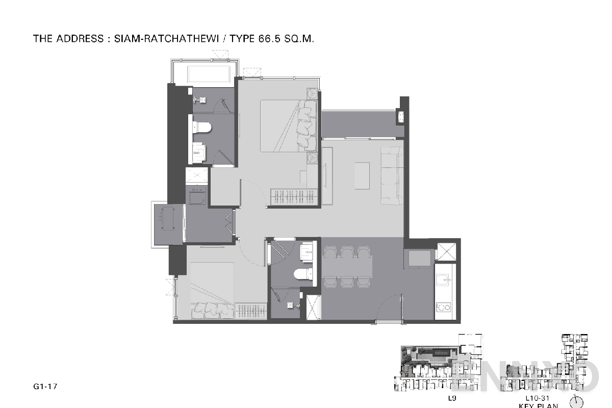 รูปแปลนห้อง TYPE G1 66.5 SQ.M. ของโครงการ ดิ แอดเดรส สยาม-ราชเทวี