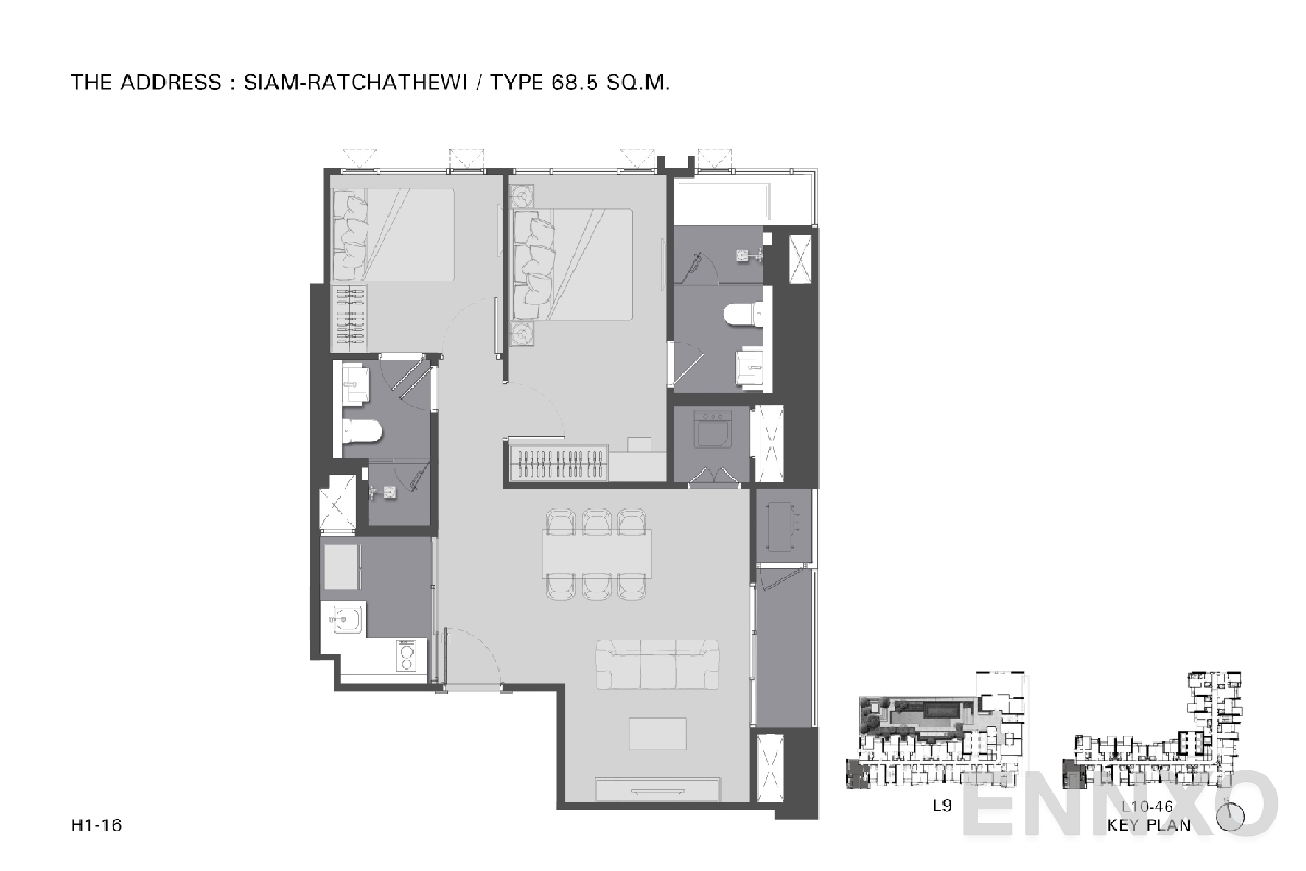 รูปแปลนห้อง TYPE H1 68.5 SQ.M. ของโครงการ ดิ แอดเดรส สยาม-ราชเทวี