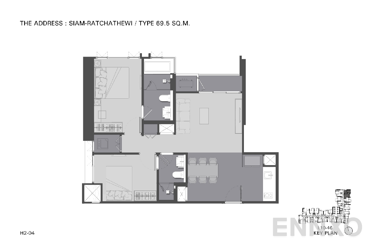 รูปแปลนห้อง TYPE H2 69.5 SQ.M. ของโครงการ ดิ แอดเดรส สยาม-ราชเทวี