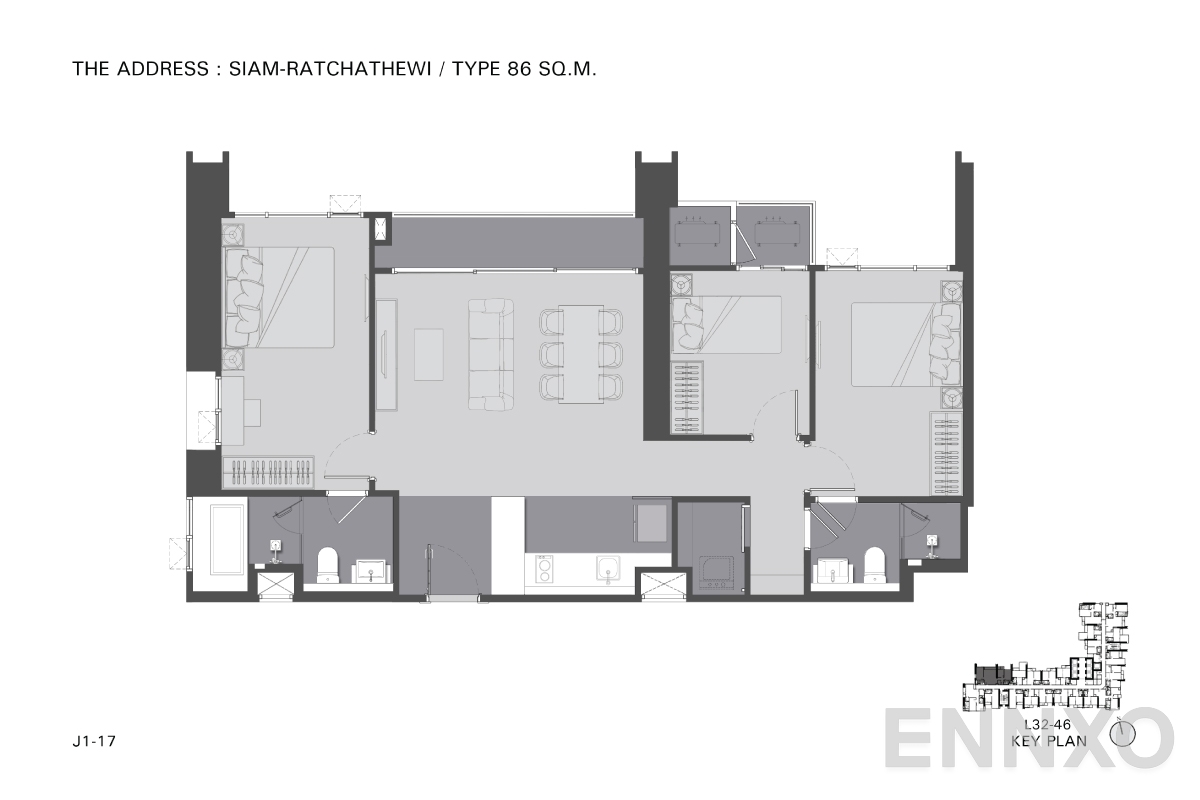 รูปแปลนห้อง TYPE J1 86 SQ.M. ของโครงการ ดิ แอดเดรส สยาม-ราชเทวี
