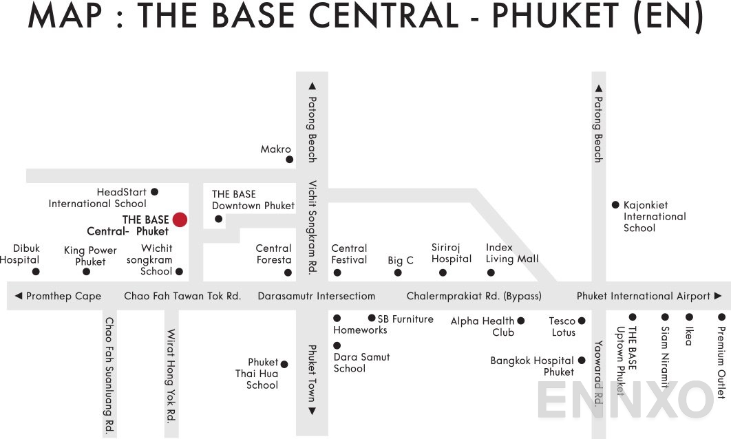 ภาพแผนที่แสดงที่ตั้งโครงการ เดอะ เบส เซ็นทรัล ภูเก็ต และสถานที่โดยรอบ