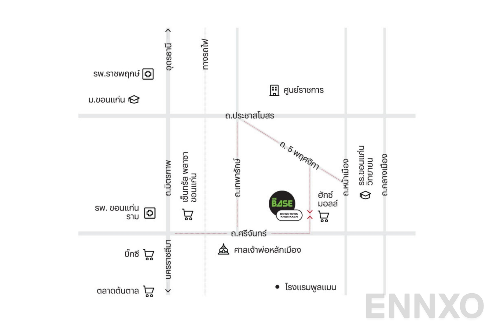 ภาพแผนที่แสดงที่ตั้งโครงการ The Base Downtown Khonkaen และสถานที่โดยรอบ