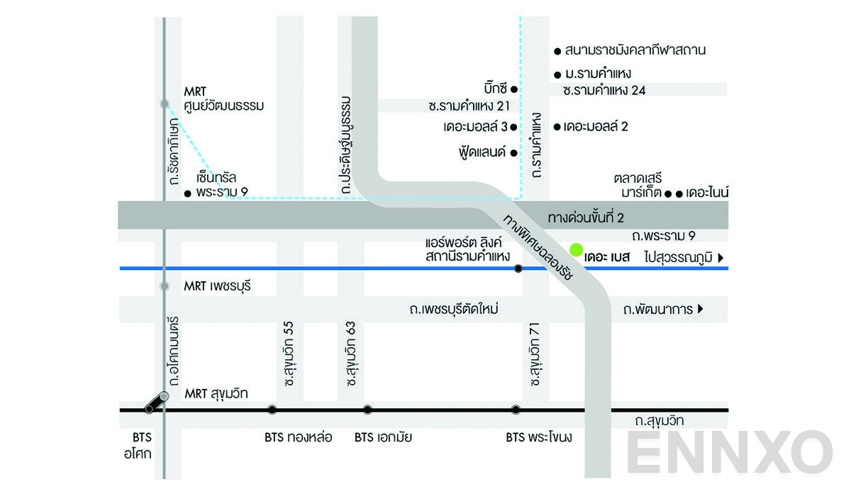ภาพแผนที่แสดงที่ตั้งโครงการ เดอะ เบส การ์เดน พระราม 9 และสถานที่โดยรอบ