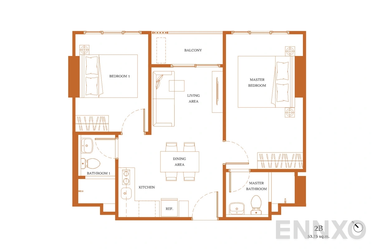 รูปแปลนห้อง 2B ของโครงการ เดอะ เบส ไฮท์ - เชียงใหม่
