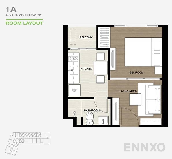 รูปแปลนห้อง 1 Bedroom โครงการ เดอะ เบส พาร์คเวสต์ - สุขุมวิท 77
