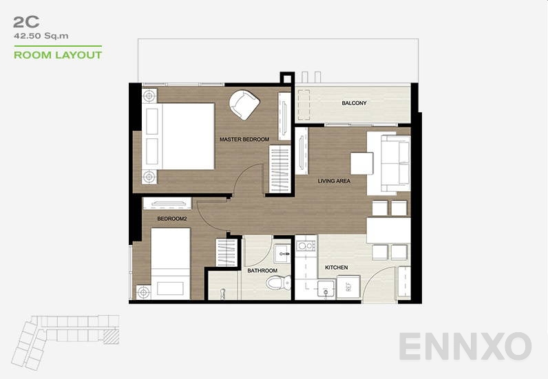 รูปแปลนห้อง 2 Bedrooms ของโครงการ เดอะ เบส พาร์คเวสต์ - สุขุมวิท 77