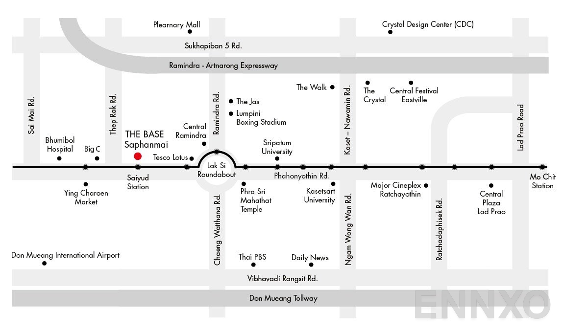 ภาพแผนที่แสดงที่ตั้งโครงการ เดอะ เบส สะพานใหม่ และสถานที่โดยรอบ